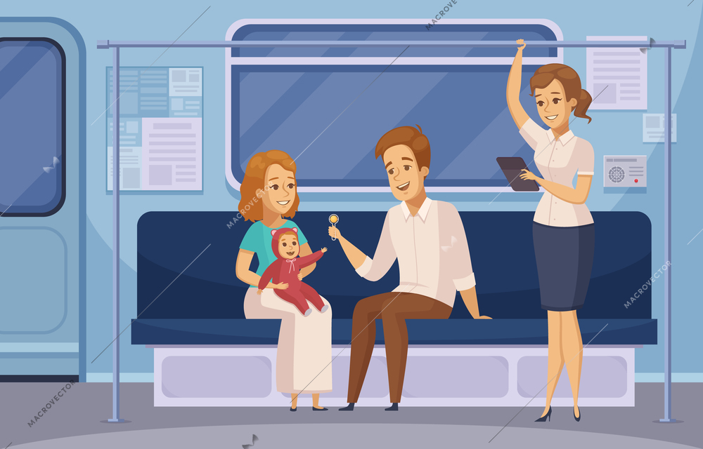 Subway passengers in underground metro train cartoon composition with family sitting and standing reading lady vector illustration