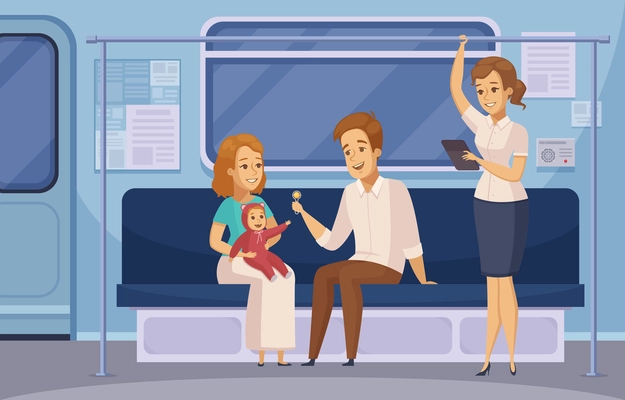 Subway passengers in underground metro train cartoon composition with family sitting and standing reading lady vector illustration