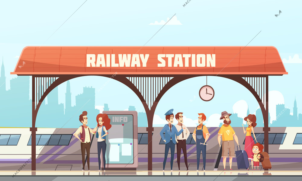 Railway station flat vector illustration with passengers and  travelers waiting train on railway platform