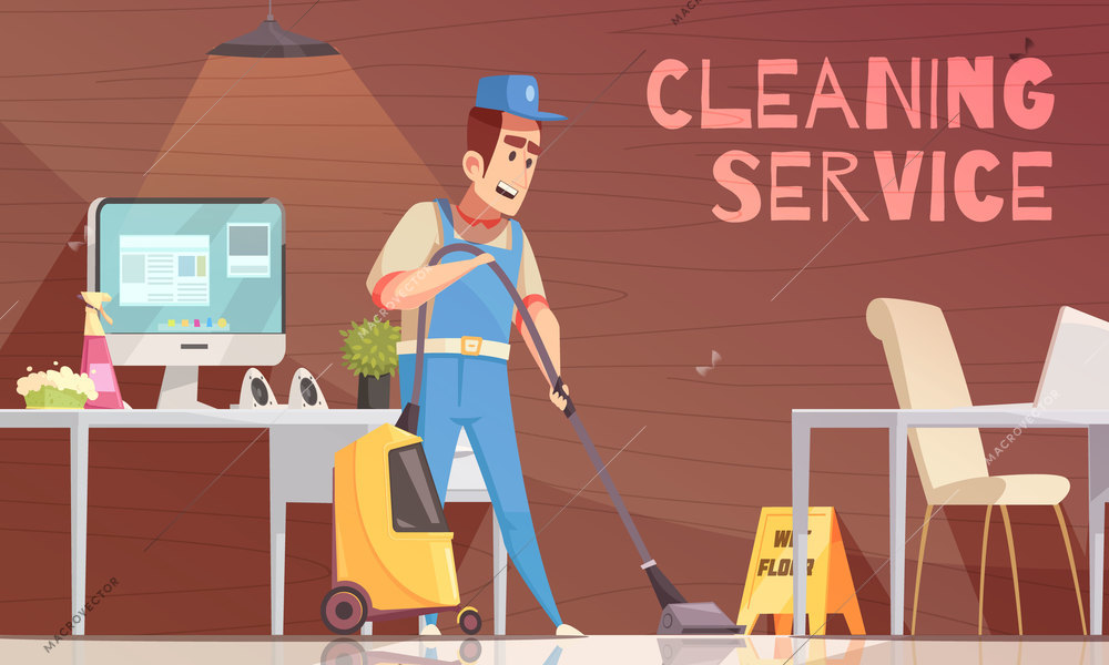 Cleaning service vector illustration with employee of cleaning company in uniform working with the vacuum cleaner in office room