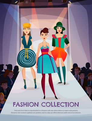 Fashion collection on girls models walking on podium in spotlights, spectators watching presentation of clothing vector illustration