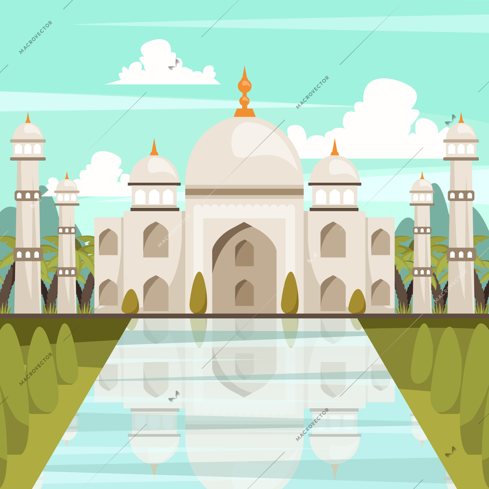 India orthogonal composition with building of taj mahal mausoleum reflected in water of marble pool flat vector illustration