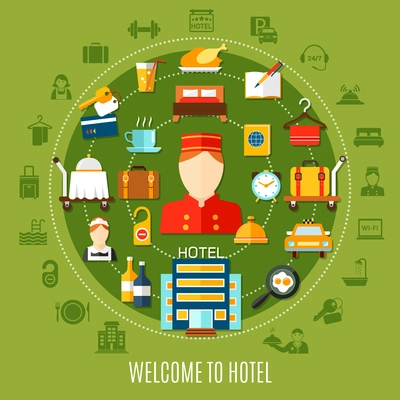 Welcome to hotel round set with flat icons imaging transfer accommodation and restaurant services vector illustration