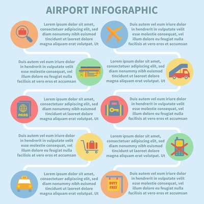 Airport icon flat set of security check airplane suitcase isolated vector illustration