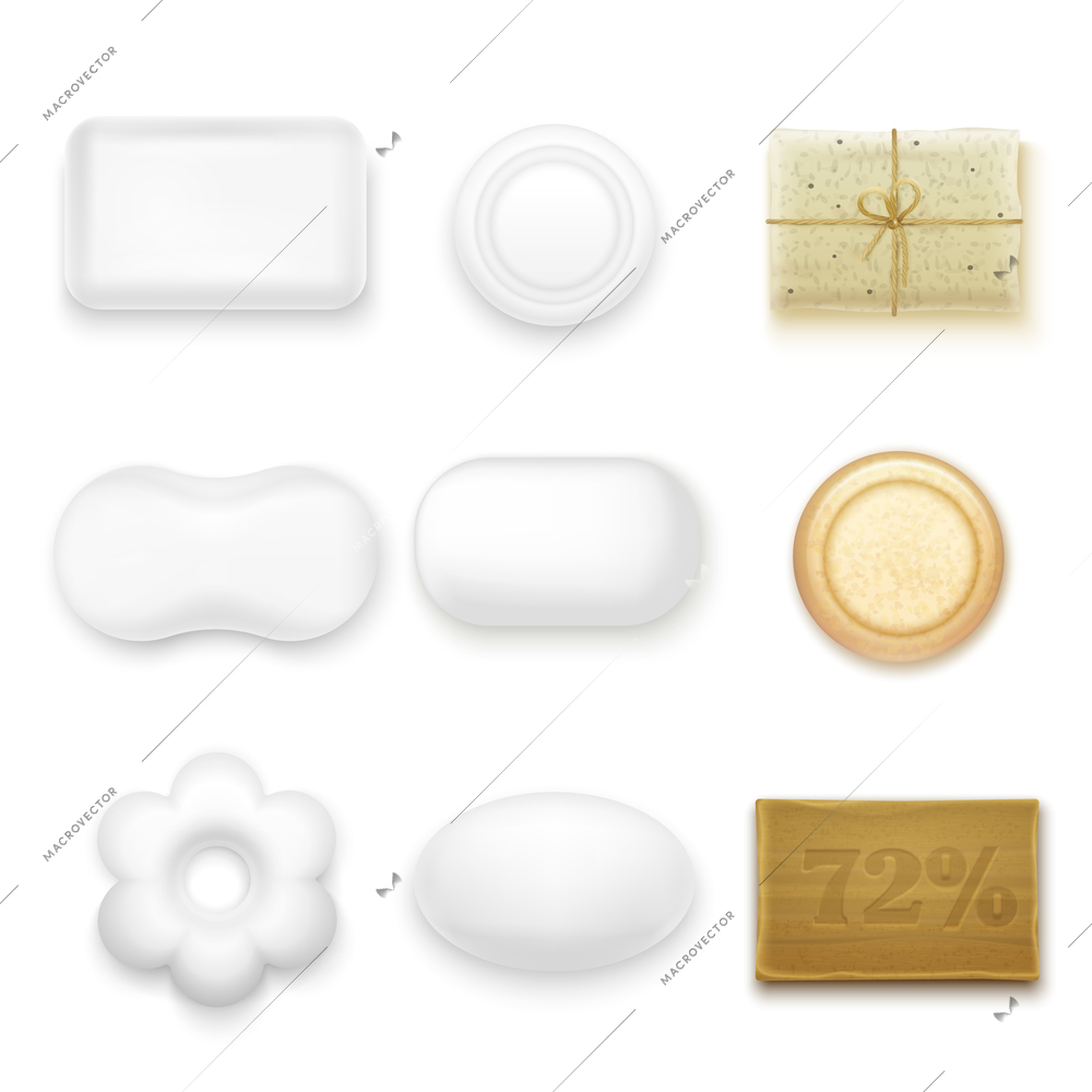 Realistic soap bars of different shape and color isolated on white background vector illustration