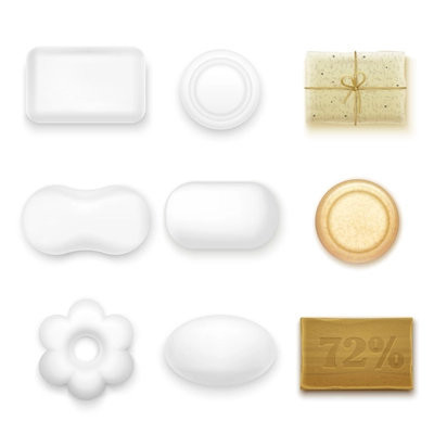 Realistic soap bars of different shape and color isolated on white background vector illustration