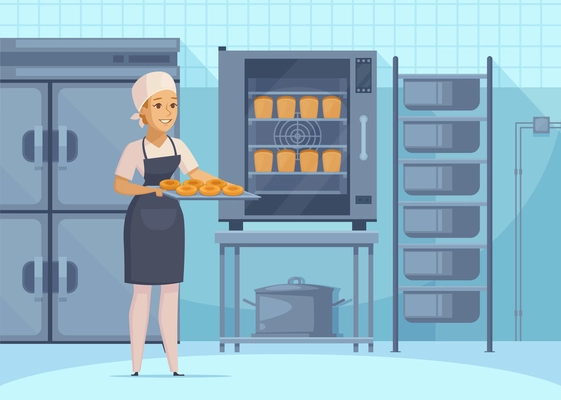 Bakery production cartoon composition including woman with buns at tray on background of industrial equipment vector illustration