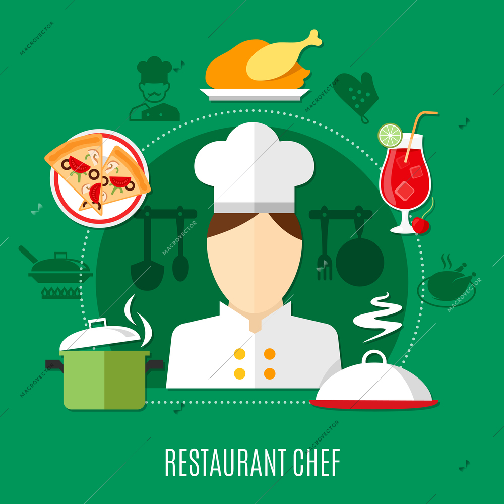 Flat design restaurant chef concept with culinary icons on green background vector illustration