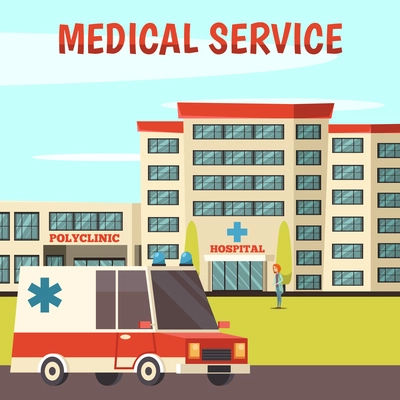 Colored orthogonal municipal buildings background with medical services polyclinic and hospital descriptions vector illustration