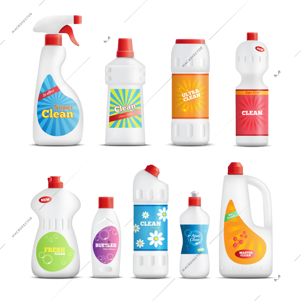 Detergent bottles realistic identity collection with branded packaging of home care products for toilet bathroom cleaning vector illustration