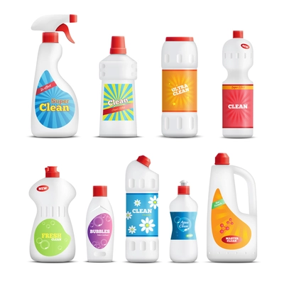 Detergent bottles realistic identity collection with branded packaging of home care products for toilet bathroom cleaning vector illustration