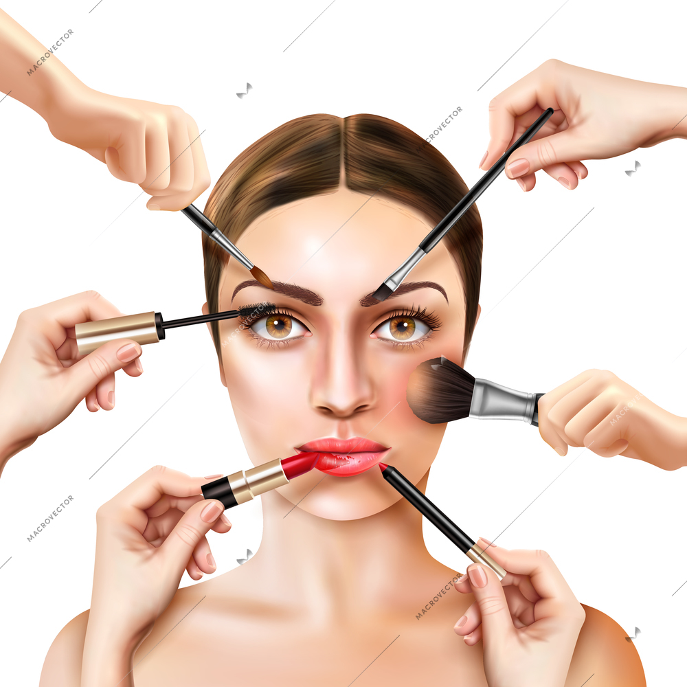 Many hands with model face cosmetics composition with female model character putting on make-up vector illustration