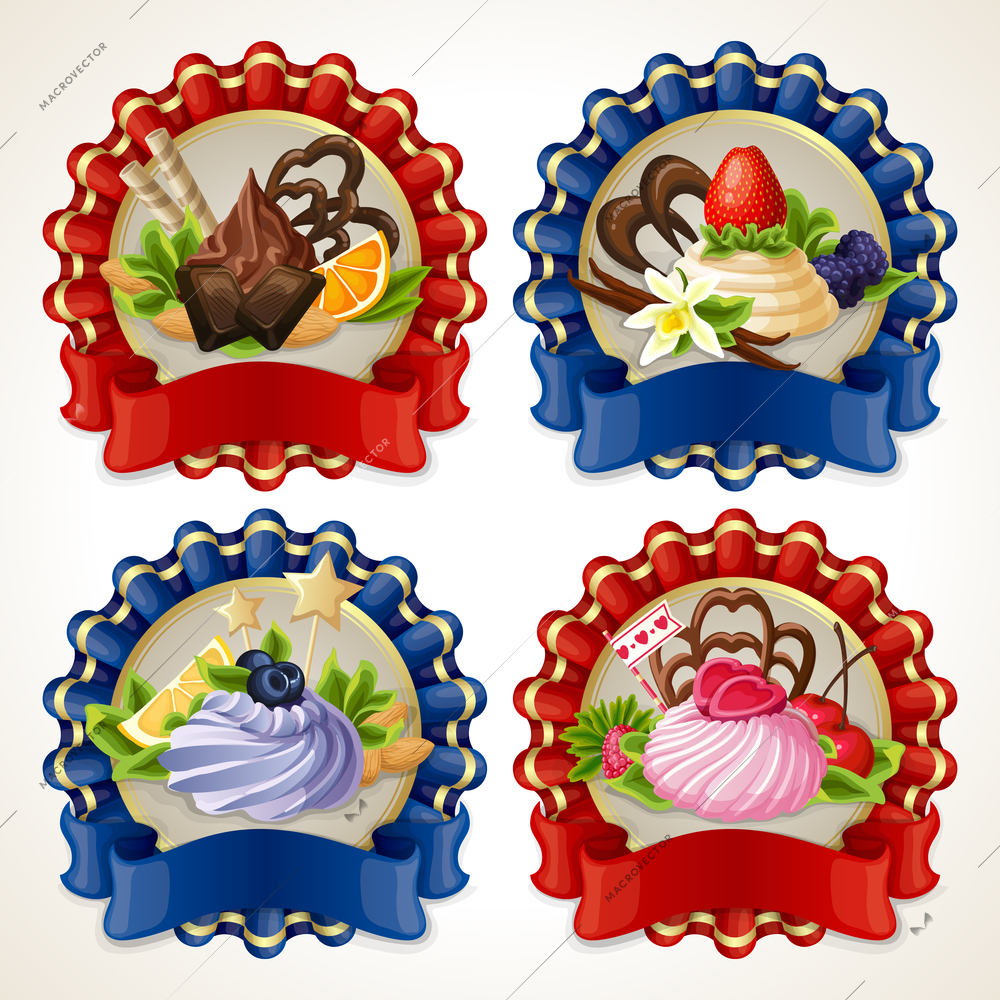 Decorative sweet desserts ribbon banners set with chocolate vanilla nuts and berries vector illustration