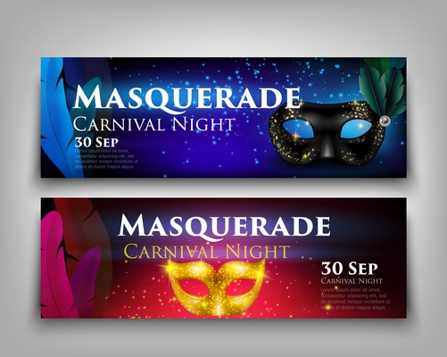 Masquerade invitation party horizontal banners set with sparkling golden and black masks isolated on grey background realistic vector illustration