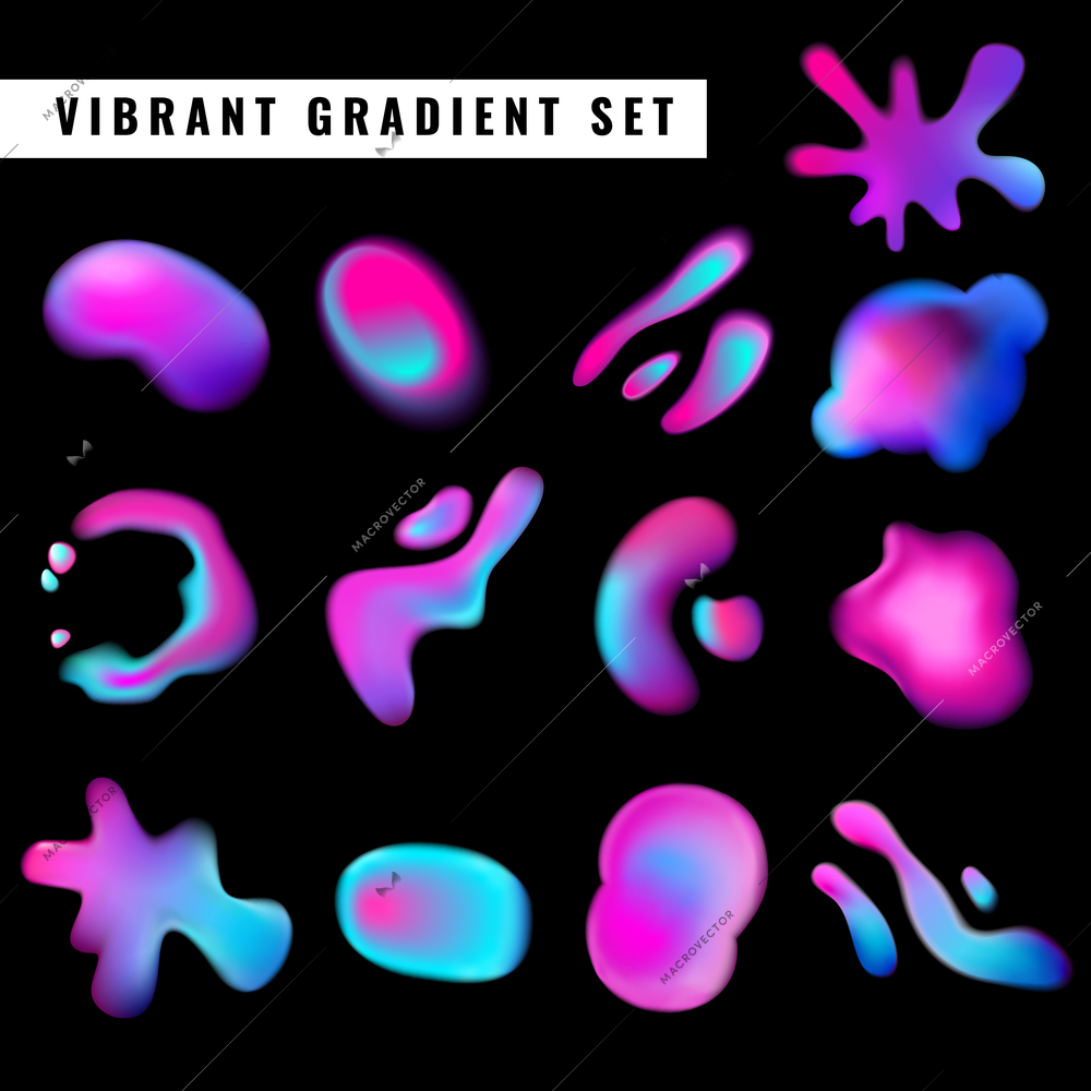 Flat design set of  colorful vibrant gradient blots isolated on black background vector illustration