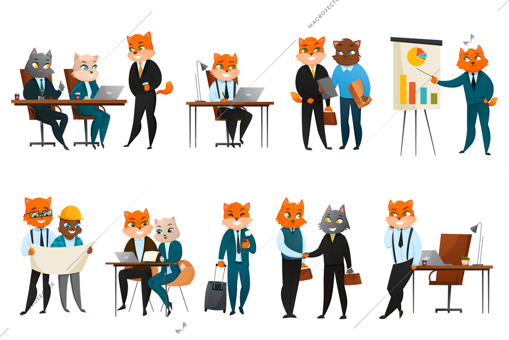 Boss executive business cat anthropomorphic businessman comic character in corporate office cartoon icons webcomic composition vector illustration