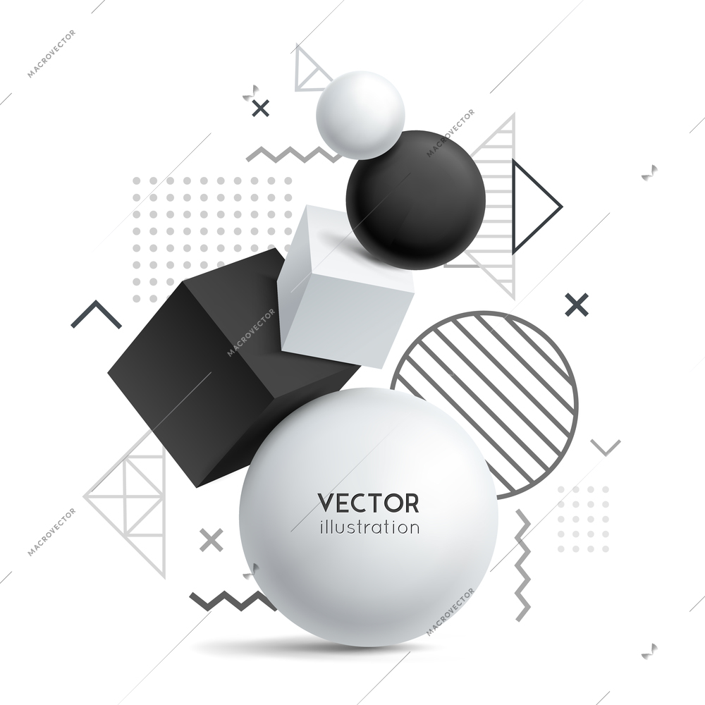 Realistic white geometric shapes form background with composition of abstract flat and cumbersome objects with text vector illustration