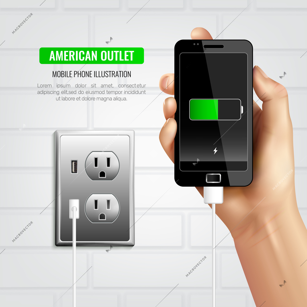 Colored stylish american outlet mobile phone composition with charging the black phone vector illustration