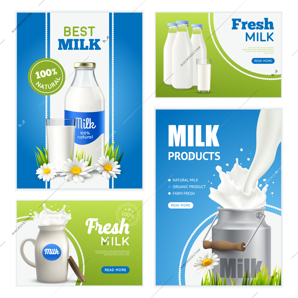 Milk product vertical banners set with branded milk bottles cream can flowers images and editable text vector illustration