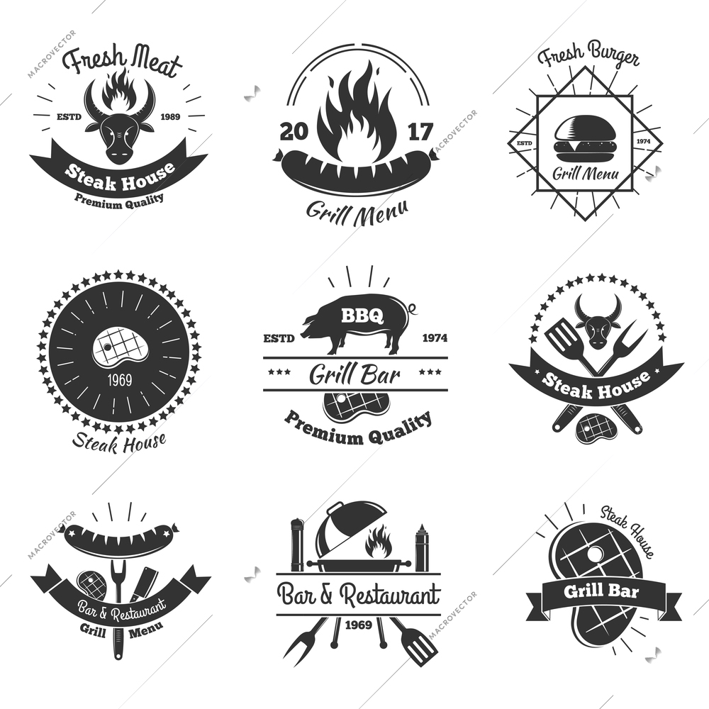 Steakhouse vintage emblems collection with flat monochrome images of kitchenware flame meat steaks and decorative elements vector illustration