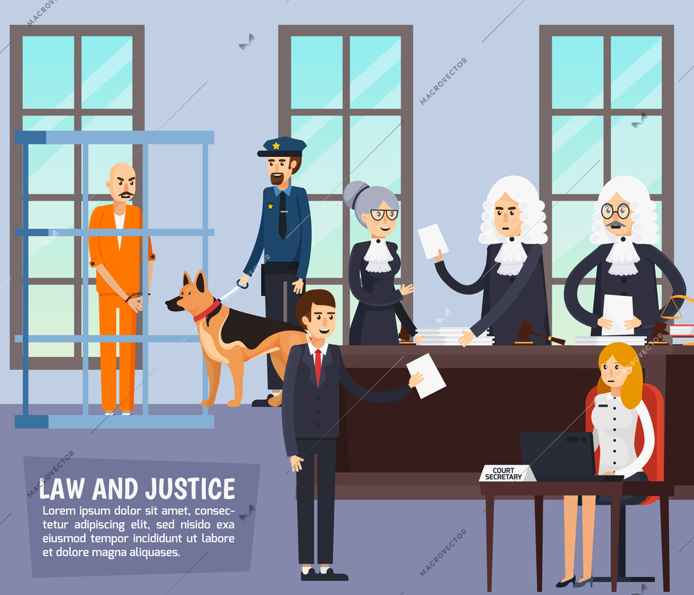 Courtroom orthogonal composition with judge, lawyers with documents, secretary, policeman and suspected in jail flat vector illustration