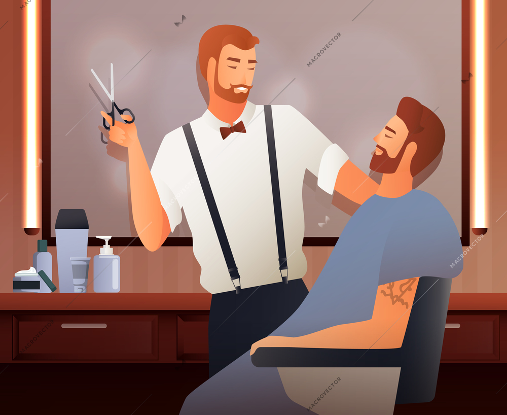 Hairdresser stylist barber gradient flat people composition with two human characters in barbershop interior with shadows vector illustration