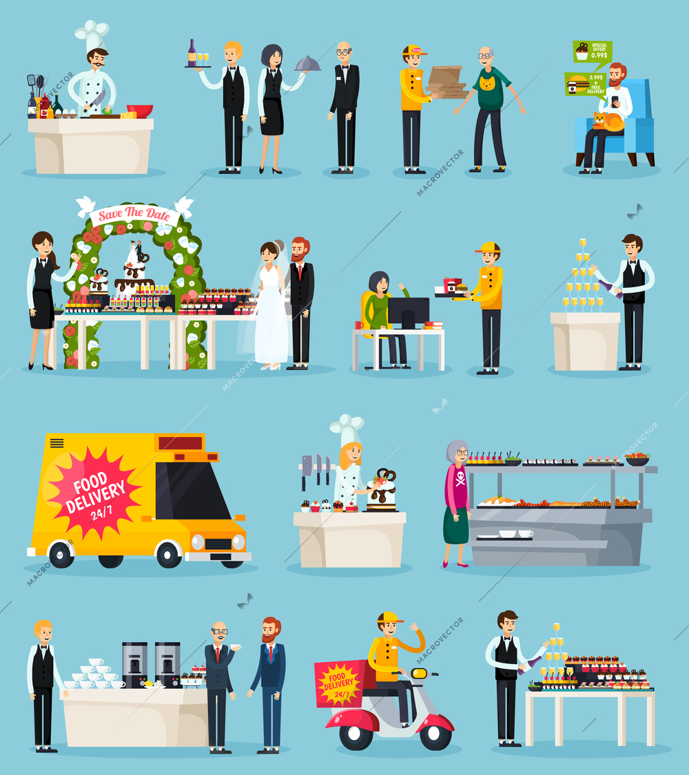 Catering set of orthogonal flat icons with chef and waiters, food delivery, events, canteen isolated vector illustration
