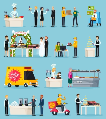 Catering set of orthogonal flat icons with chef and waiters, food delivery, events, canteen isolated vector illustration