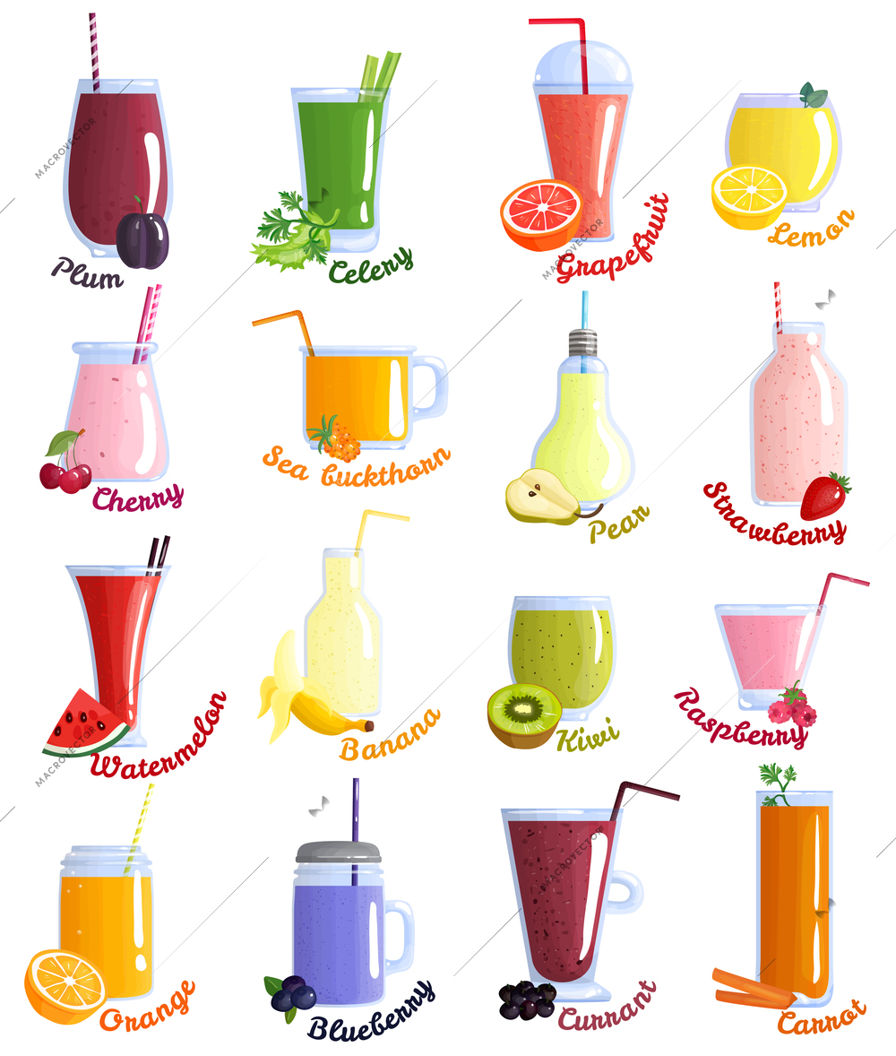 Colored and isolated smoothie cocktails icon set with different flavors plum cherry lemon watermelon orange banana kiwi raspberry blueberry and others vector illustration