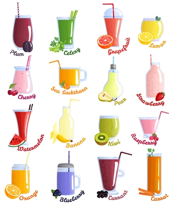 Colored and isolated smoothie cocktails icon set with different flavors plum cherry lemon watermelon orange banana kiwi raspberry blueberry and others vector illustration