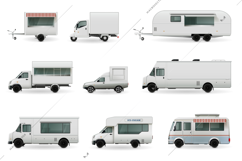 Food trucks realistic collection of isolated automobile images with trailer trucks and different car body design vector illustration