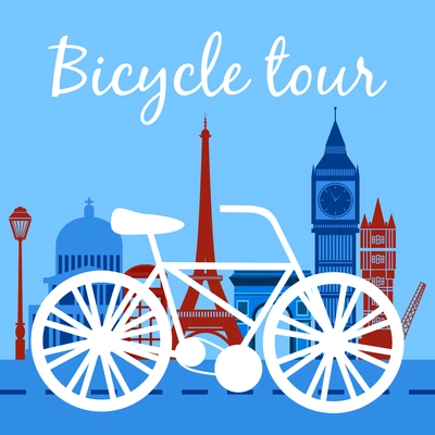 Bicycle tour poster with bike silhouette and landmarks on background vector illustration