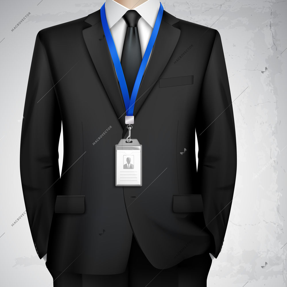 Dressed in black suit businessman with id card badge holder on blue lanyard realistic image vector illustration