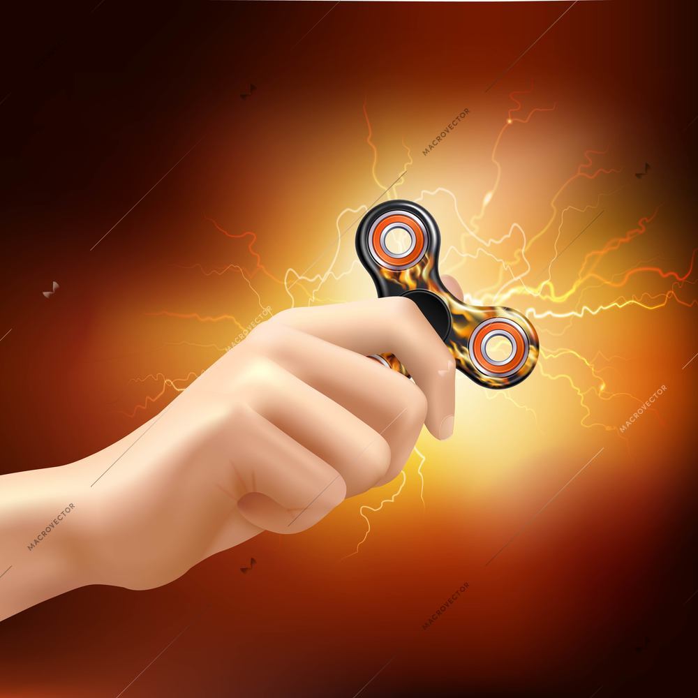 Fidget finger spinner device in hand with fiery lighting effects and soft glowing background realistic vector illustration