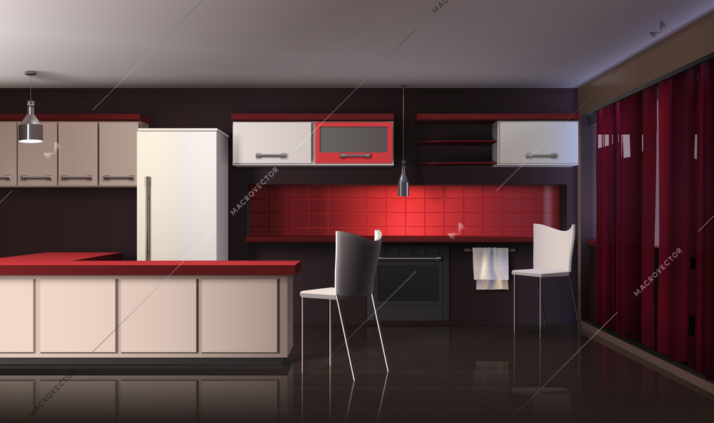 Modern kitchen interior realistic design composition with black red and white shelves fridge with designer furniture vector illustration