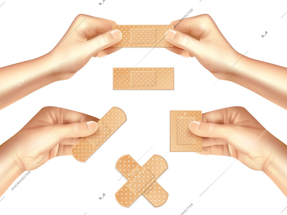 Hands holding beige medical plasters of various shape realistic set on light background isolated vector illustration