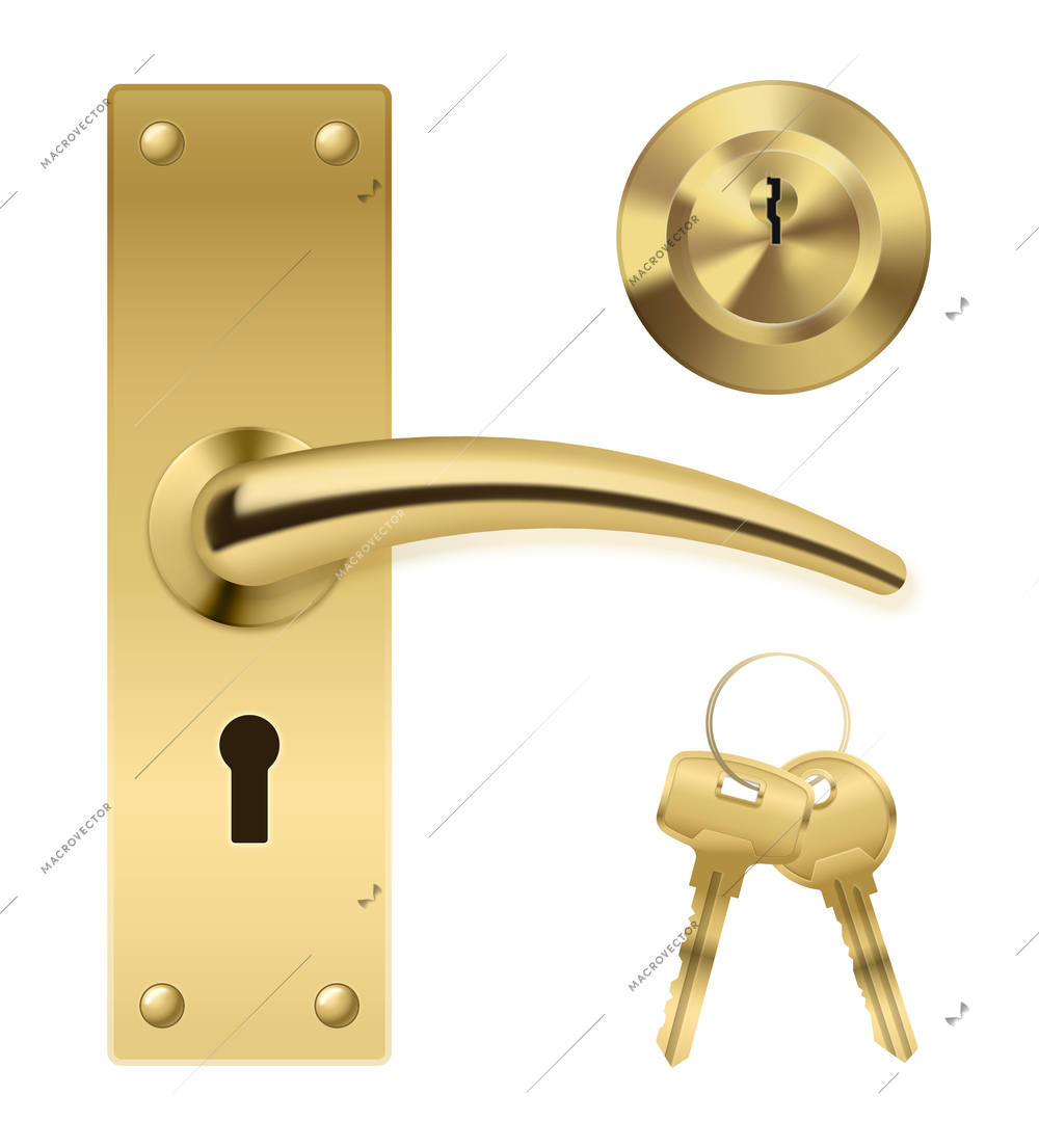 Realistic door handle lock elements set with golden metal enclosure bunch of keys and separate keyhole vector illustration
