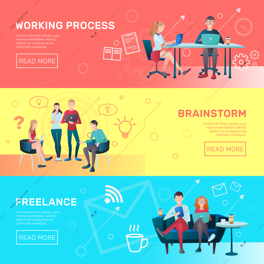 Creative team coworking people gradient flat horizontal banners collection with editable text and read more button vector illustration