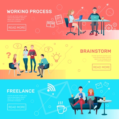 Creative team coworking people gradient flat horizontal banners collection with editable text and read more button vector illustration