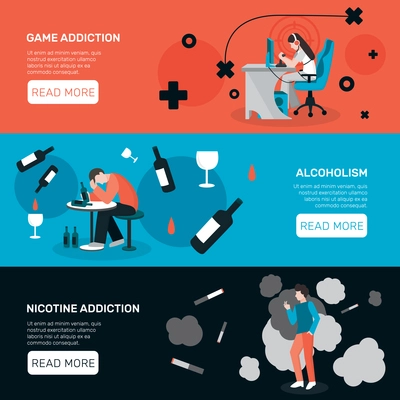 Addictions people flat banners collection with images of addicted human characters read more button and text vector illustration