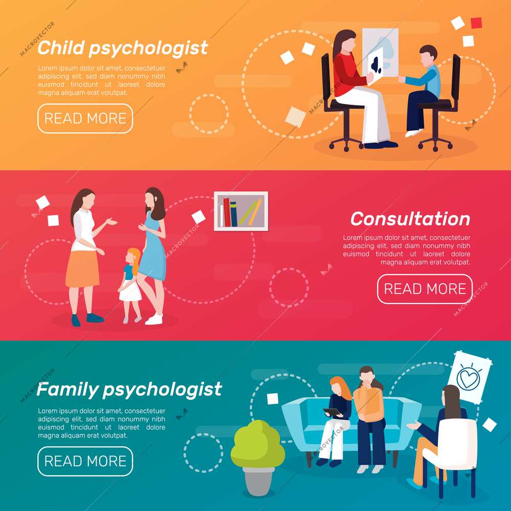 Set of three horizontal psychologist counseling people banners with flat people characters and read more button vector illustration