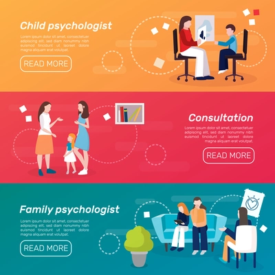 Set of three horizontal psychologist counseling people banners with flat people characters and read more button vector illustration