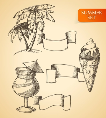 Sketch summer set of palm ice cream and cocktail with ribbons isolated vector illustration