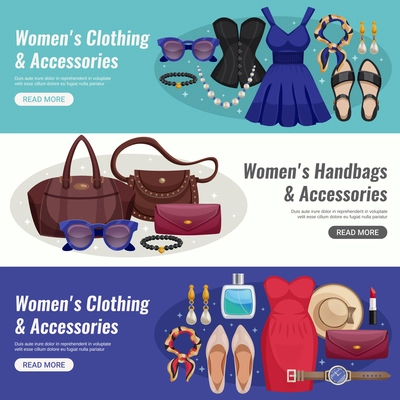 Three colored women accessories horizontal banner set with different types of cloth and accessories and read more buttons vector illustration