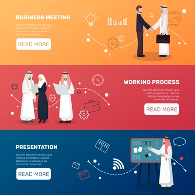Arab business people three horizontal banners collection with intercultural cooperation images and pictograms with read more button vector illustration
