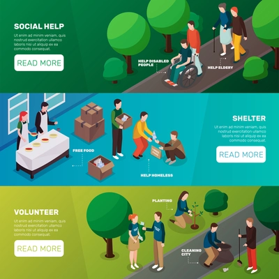 Charity volunteer people isometric banners set with images representing volunteering activities editable text and read more button vector illustration