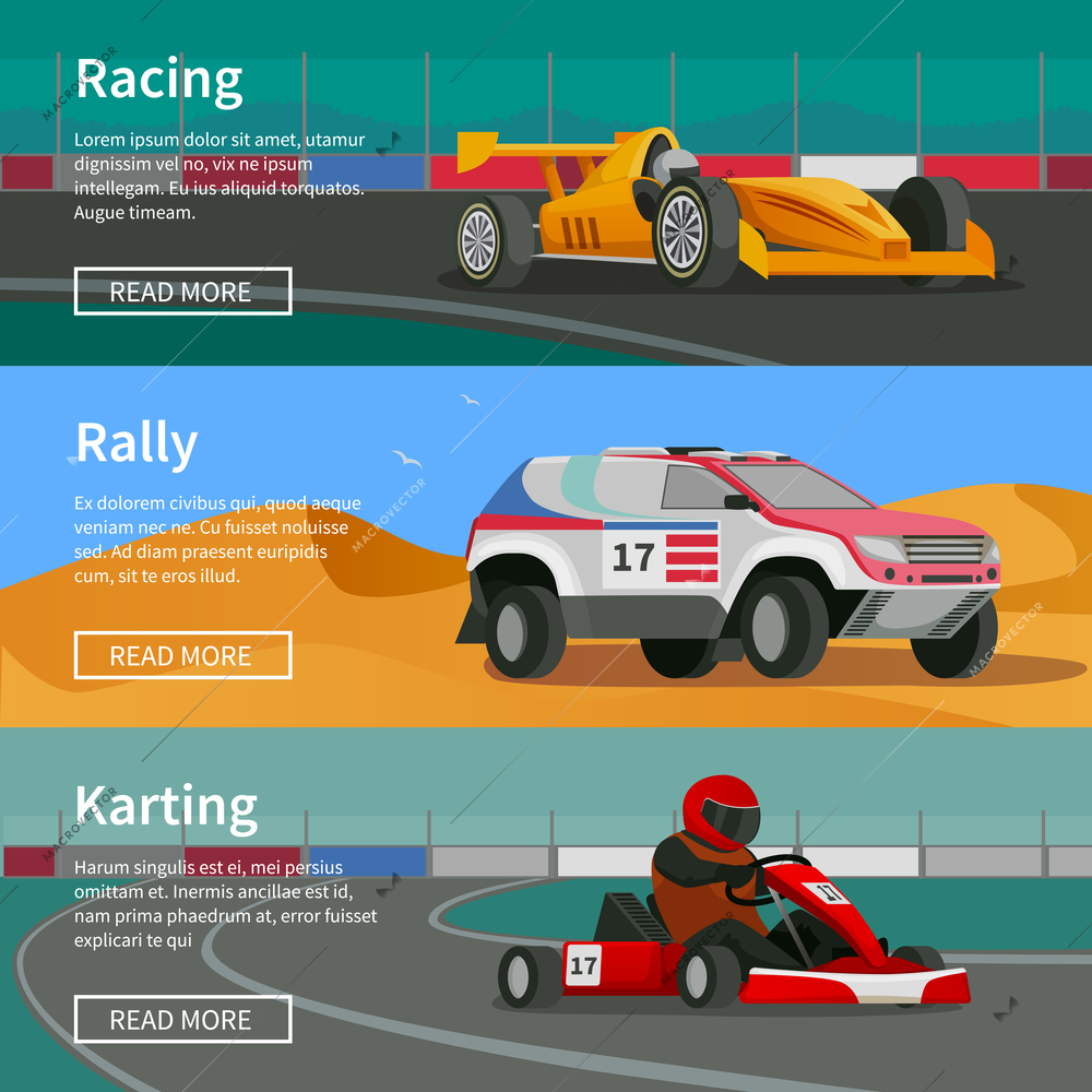 Racing flat banners set with rally and karting race tracks and cars with text and read more button vector illustration