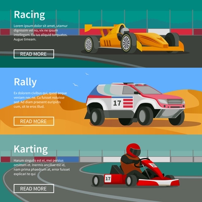 Racing flat banners set with rally and karting race tracks and cars with text and read more button vector illustration