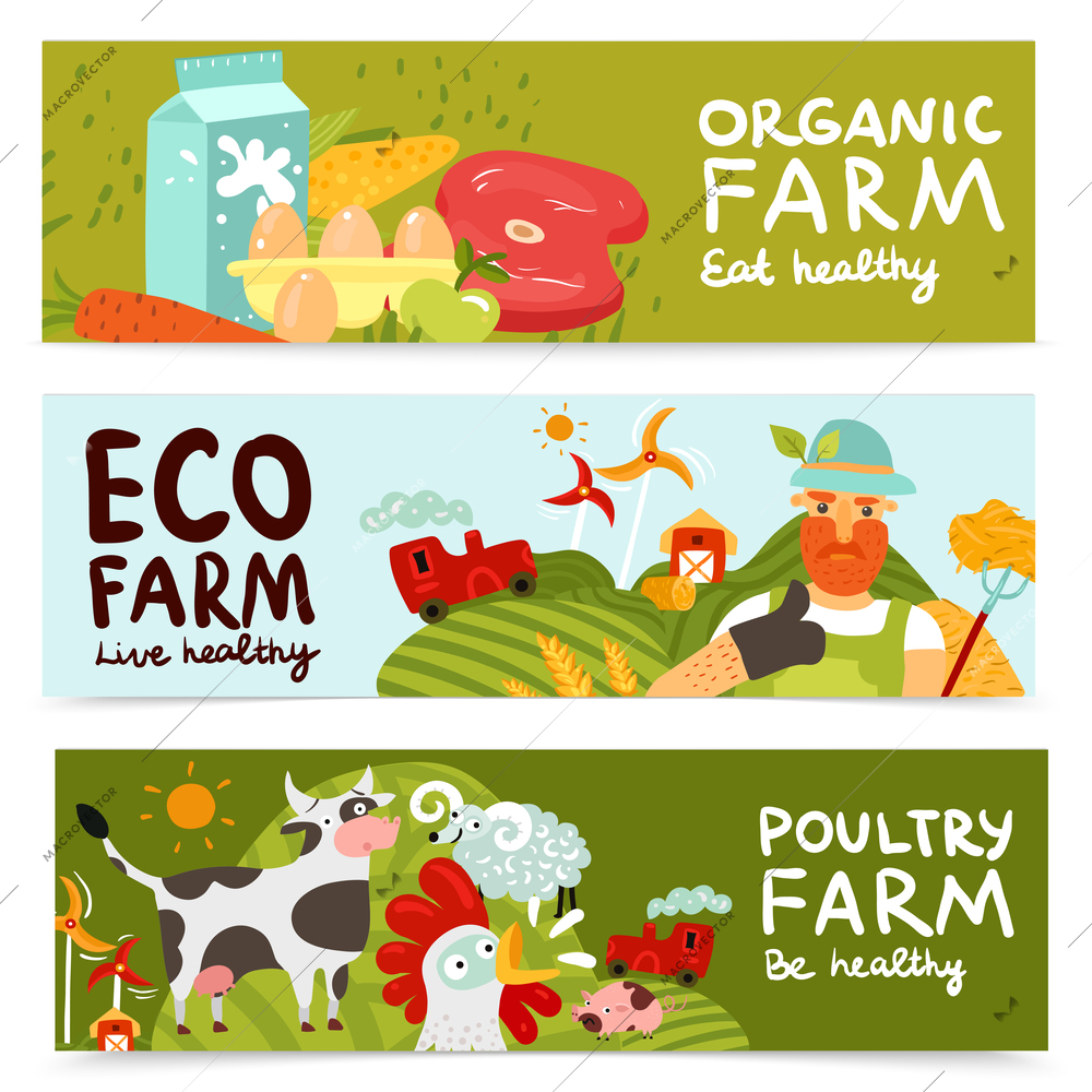 Set of horizontal banners with organic products, eco farm and fresh poultry isolated vector illustration