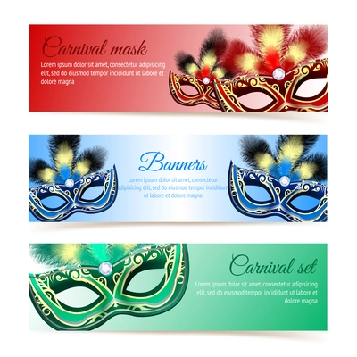 Colored venetian carnival mardi gras colorful party masks banners isolated vector illustration